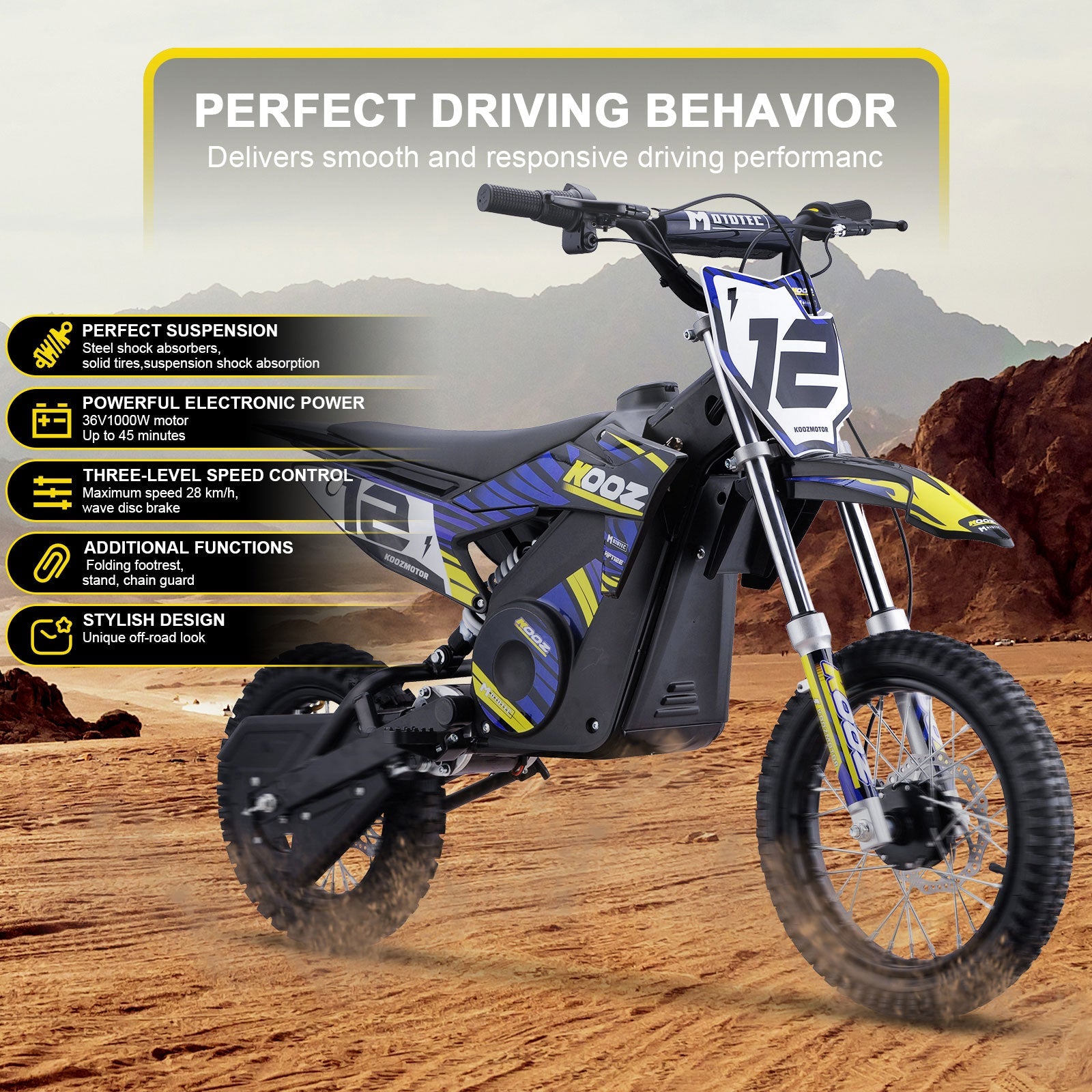 MotoTec HP112E 36V 1000W Electric Dirt Bike Blue
