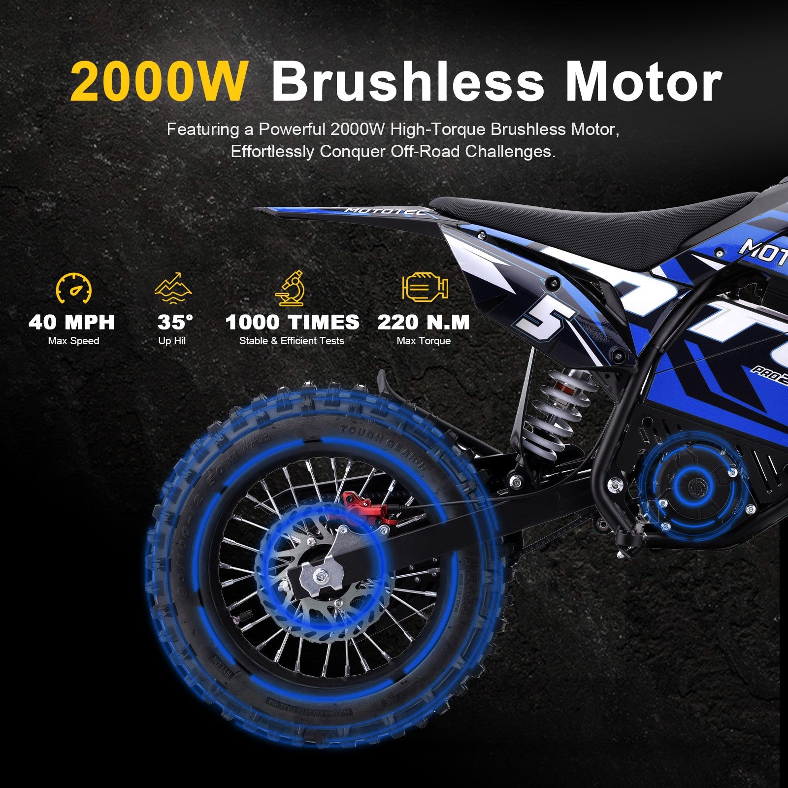 MotoTec Pro 60V 2000W Electric Dirt Bike Blue